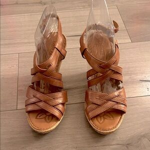 Born Tan Leather Strappy Wedge Heel Sandals